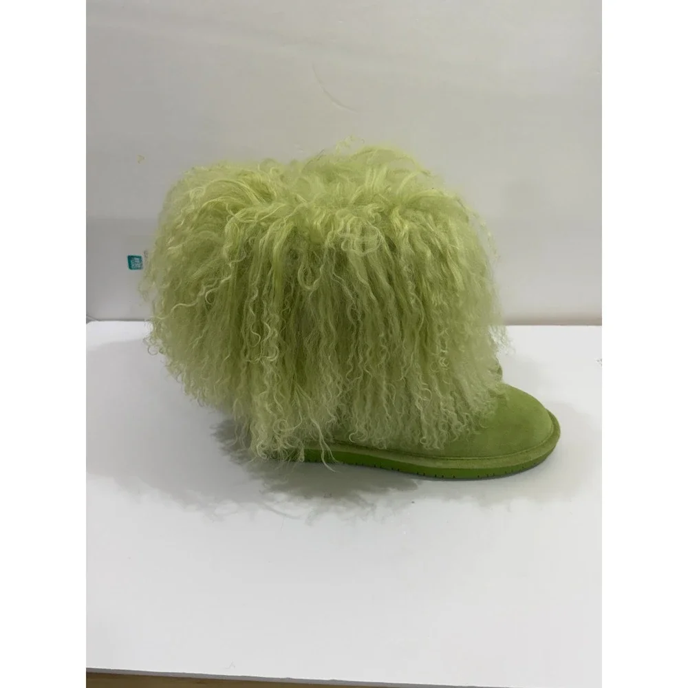 Bearpaw Boots Lime Green Shaggy Fur Boots Cow Hair Curly Lamb Wool Womens 10